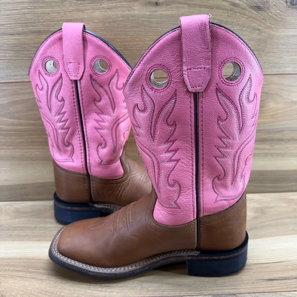 OLD WEST Cowgirl Western Boots Girls 2 Brown Pink Leather Square Toe Rodeo Ranch